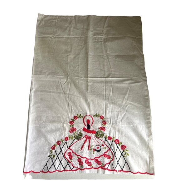 Vintage Hand-Embroidered Lady Design Cotton Pillow Cases Red Green Floral Accent - Picture 6 of 10